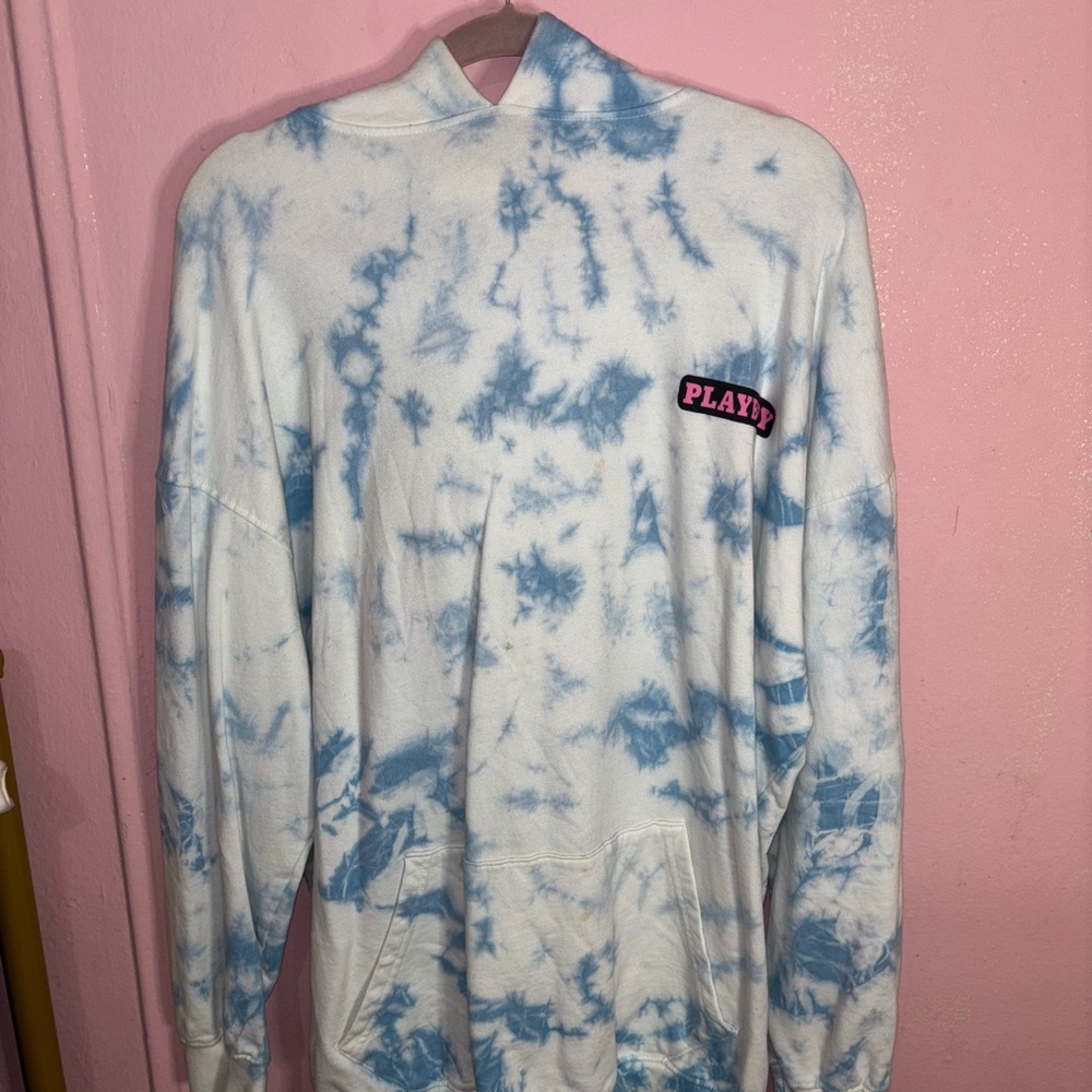 PLAYBOY x MISSGUIDED Blue and White Tie-Dye Hoodie Sweater Dress